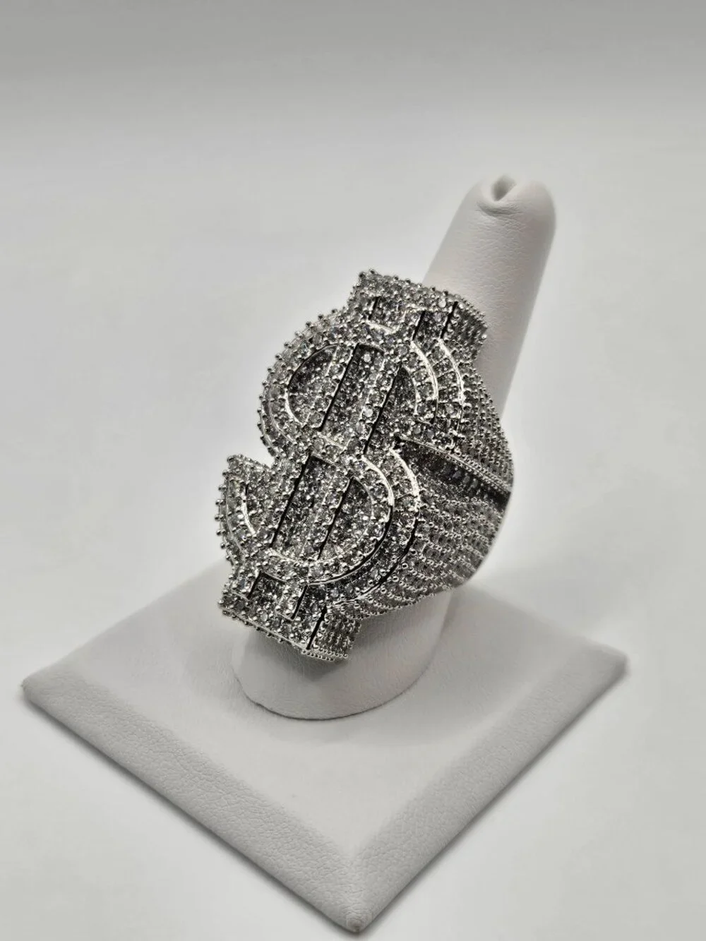 Iced Out Silver Filled Dollar Sign Ring 5A CZ Size 9 Heavy 37g